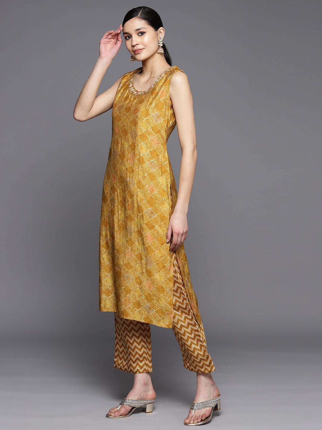 Mustard Printed Silk Blend Straight Kurta Set With Trousers - ShopLibas 