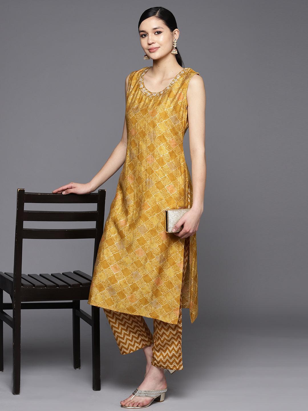 Mustard Printed Silk Blend Straight Kurta Set With Trousers - ShopLibas 