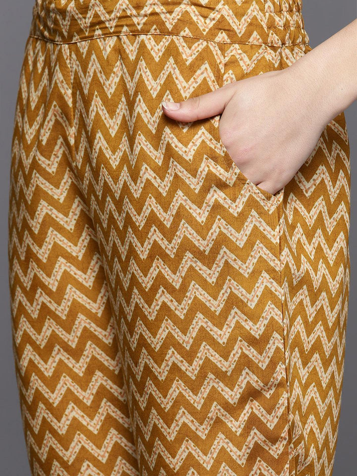 Mustard Printed Silk Blend Straight Kurta Set With Trousers