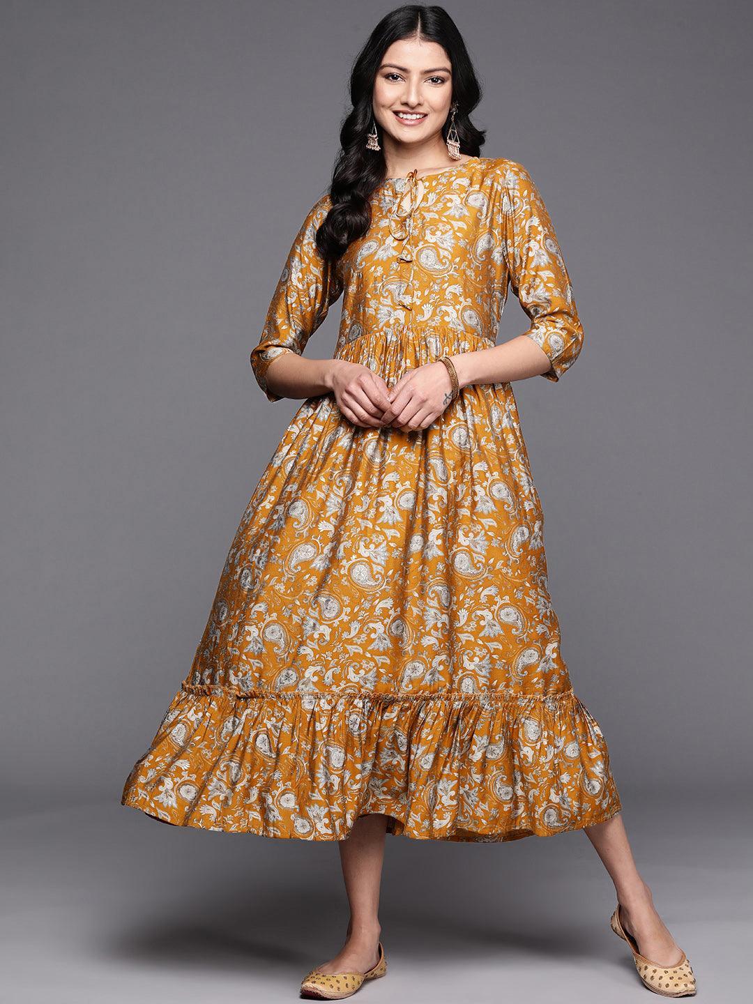 Mustard Printed Silk Fit and Flare Dress Mustard Printed Silk Fit and Flare Dress