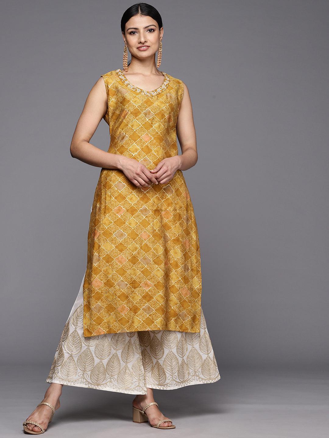 Mustard Printed Silk Straight Kurta - ShopLibas