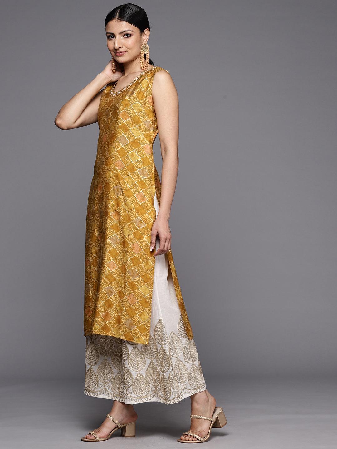 Mustard Printed Silk Straight Kurta - ShopLibas 
