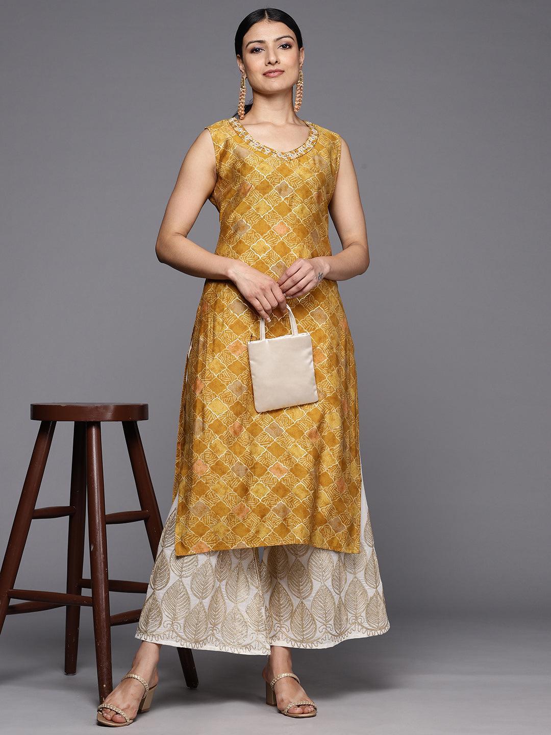 Mustard Printed Silk Straight Kurta - ShopLibas 