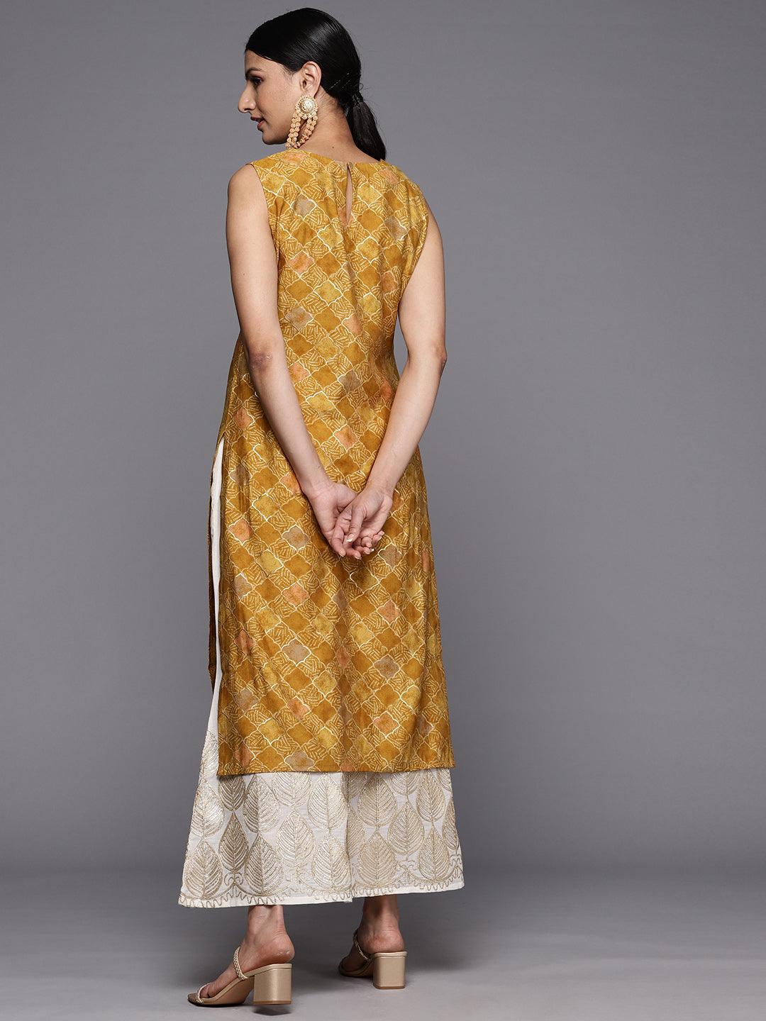 Mustard Printed Silk Straight Kurta - ShopLibas 
