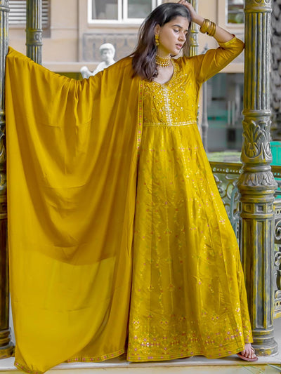Mustard Self Design Silk Anarkali Suit Set - ShopLibas