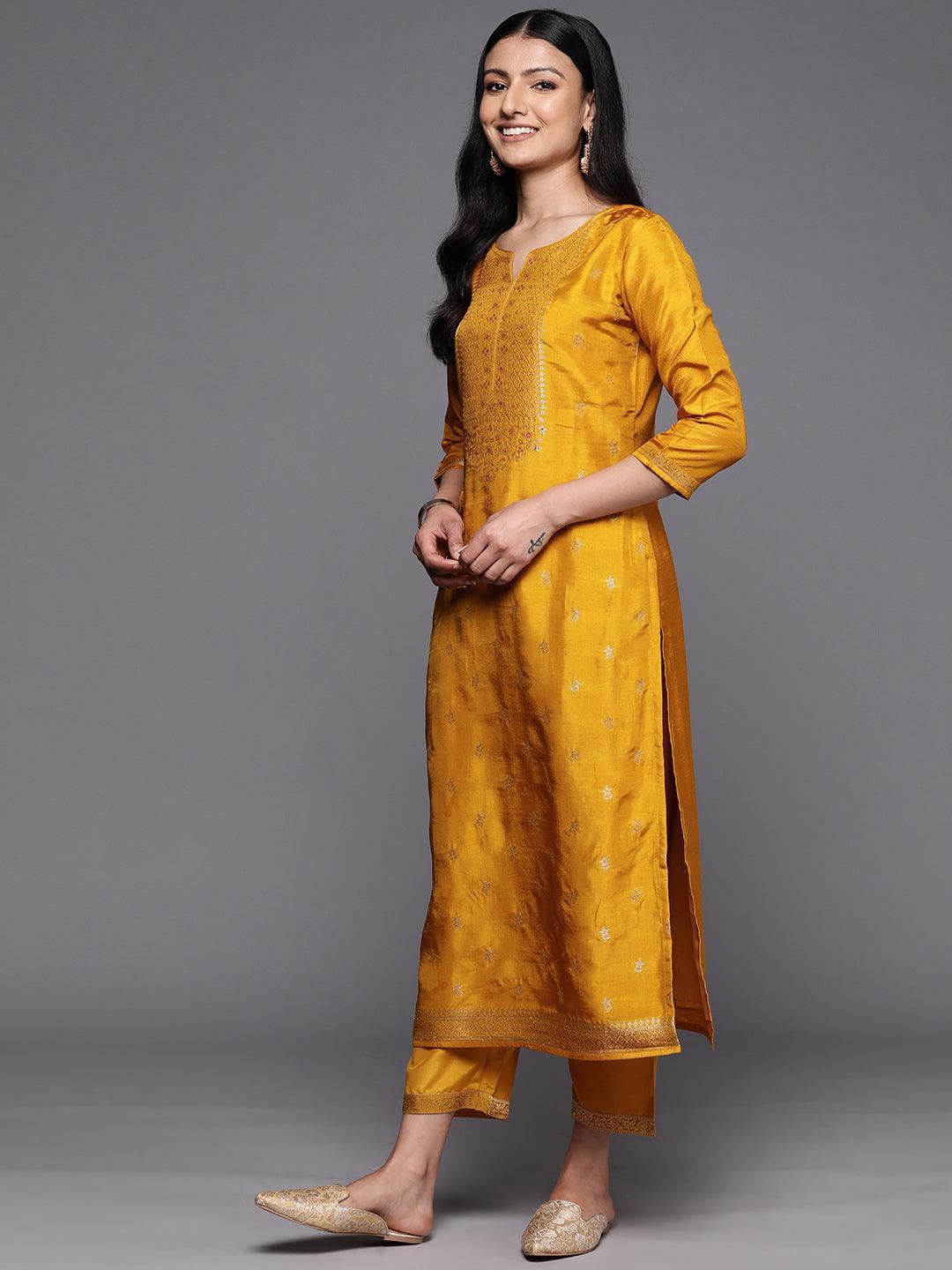 Mustard Self Design Silk Blend Straight Suit Set With Trousers - ShopLibas