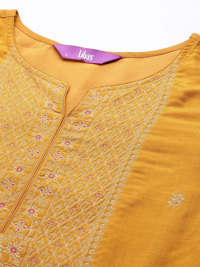 Mustard Self Design Silk Blend Straight Suit Set With Trousers - ShopLibas