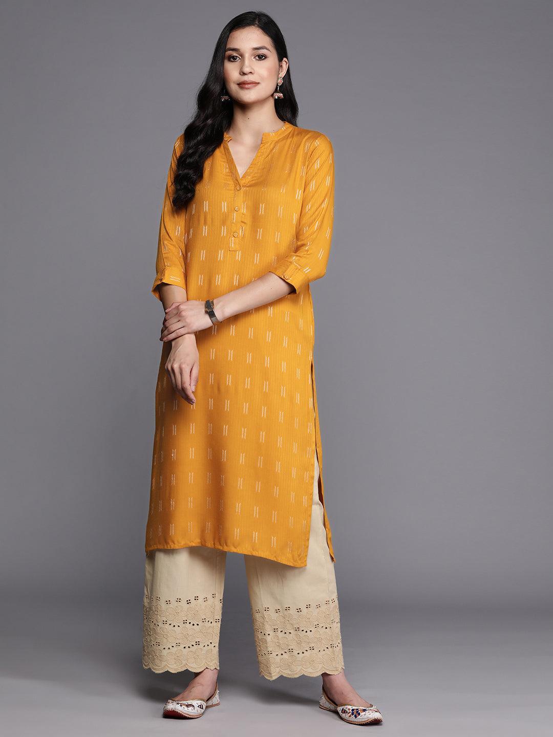 Mustard Woven Design Rayon Straight Kurta - ShopLibas