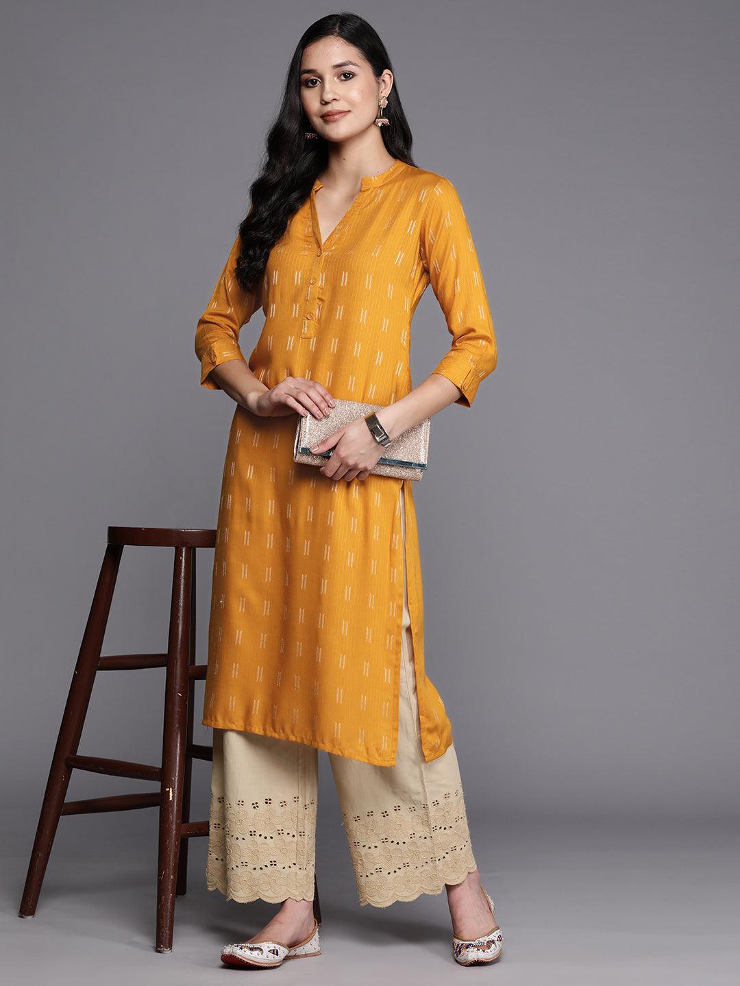 Mustard Woven Design Rayon Straight Kurta - ShopLibas 