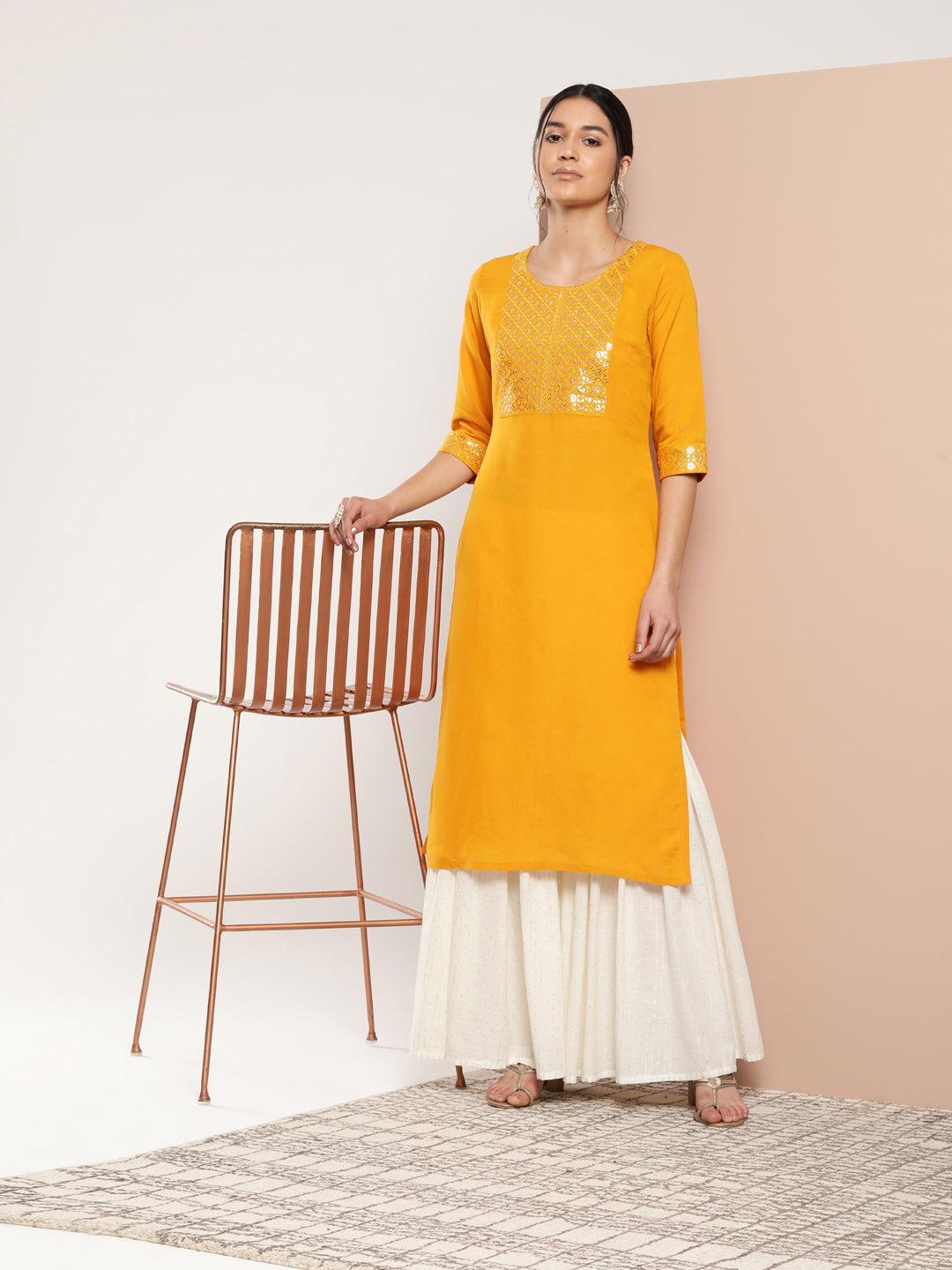 Mustard Yoke Design Rayon Straight Kurta - ShopLibas