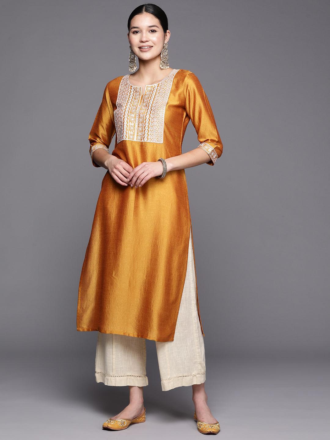 Mustard Yoke Design Silk Straight Kurta - ShopLibas