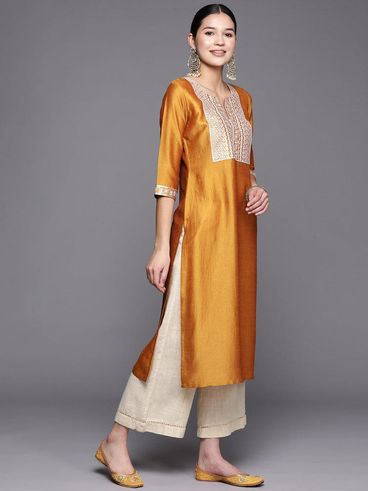 Mustard Yoke Design Silk Straight Kurta