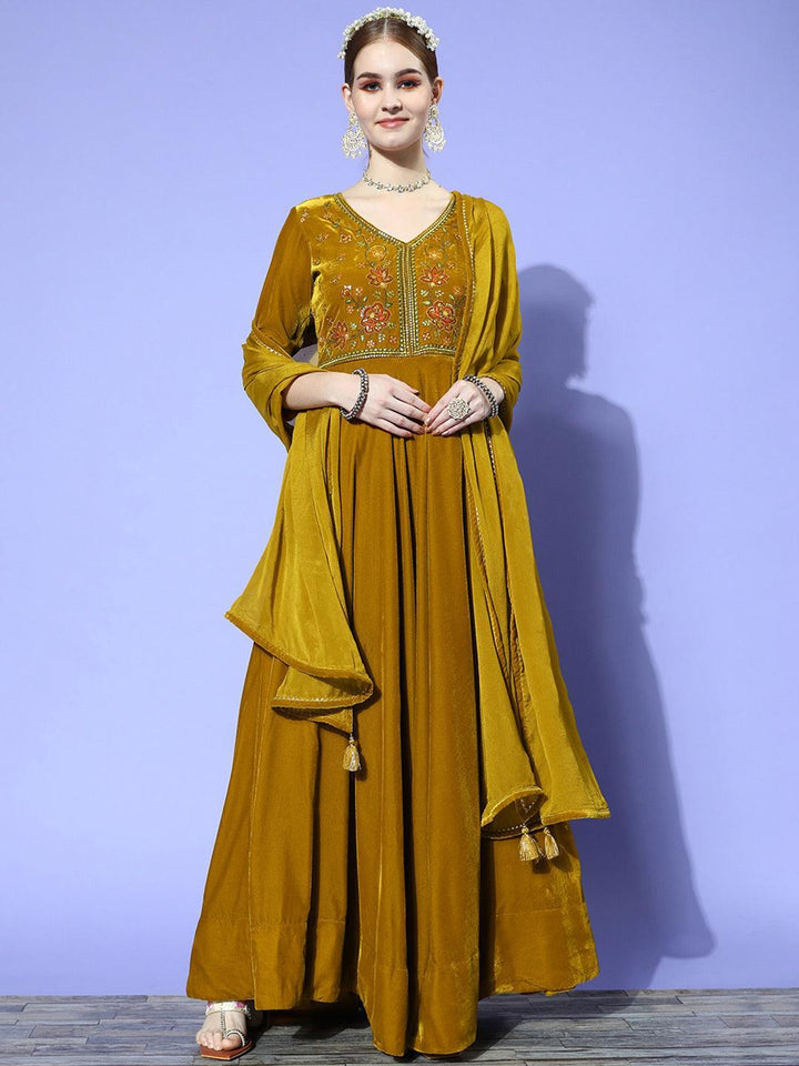 Mustard Yoke Design Velvet Anarkali Suit Set - ShopLibas