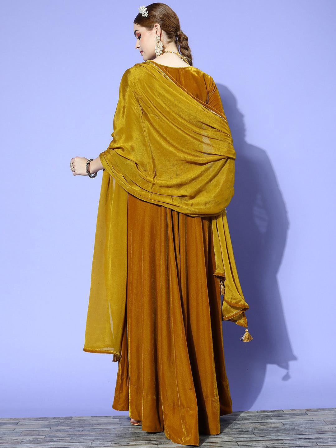Mustard Yoke Design Velvet Anarkali Suit Set - ShopLibas