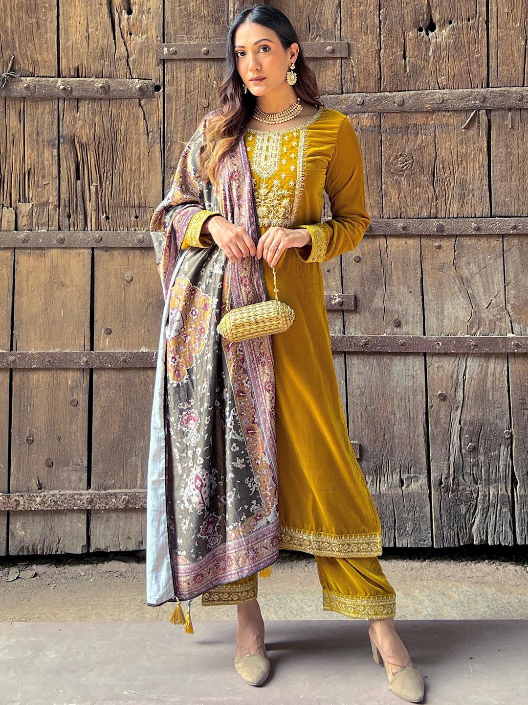 Mustard Yoke Design Velvet Straight Suit Set - ShopLibas