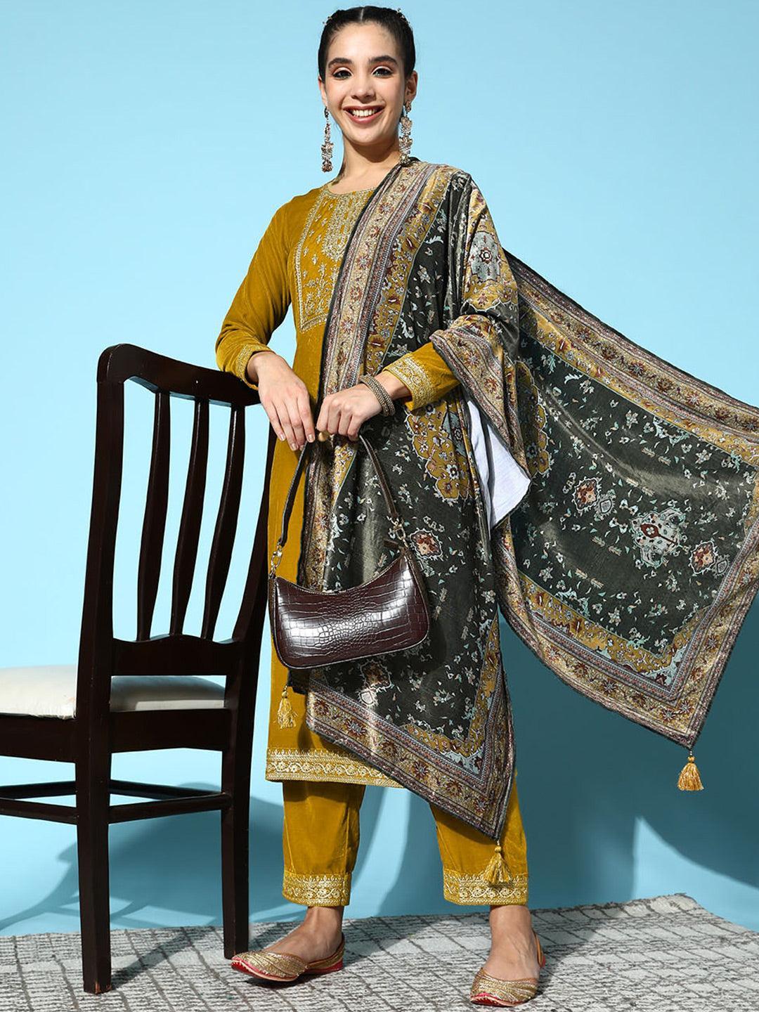 Mustard Yoke Design Velvet Straight Suit Set - ShopLibas 