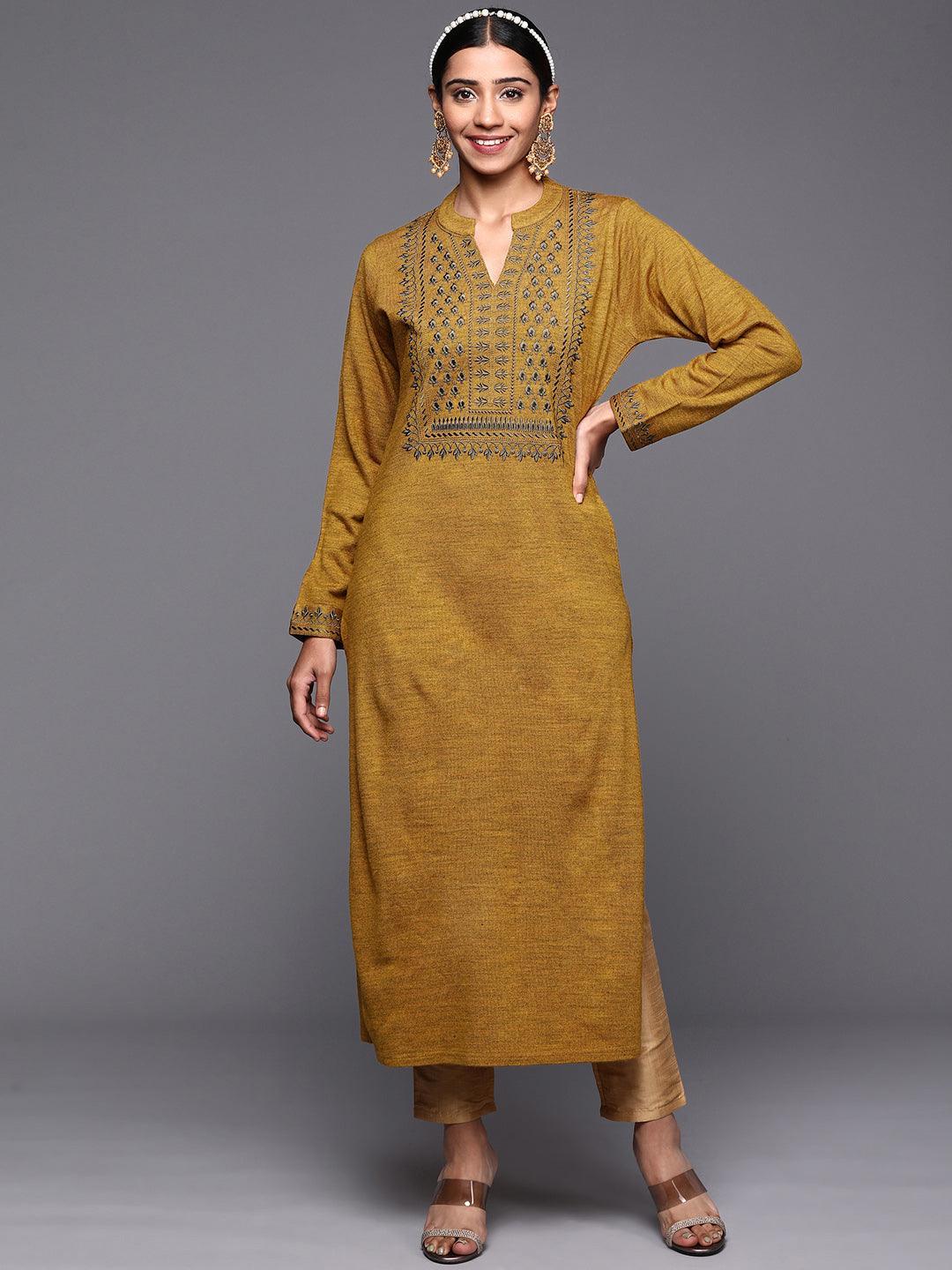 Mustard Yoke Design Wool Straight Kurta - ShopLibas