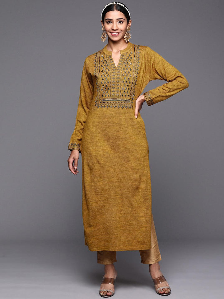 Mustard Yoke Design Wool Straight Kurta - ShopLibas