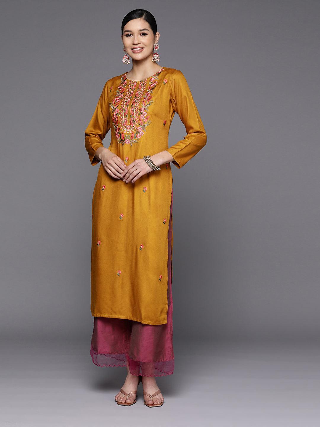 Mustard Yoke Design Wool Straight Kurta - Libas