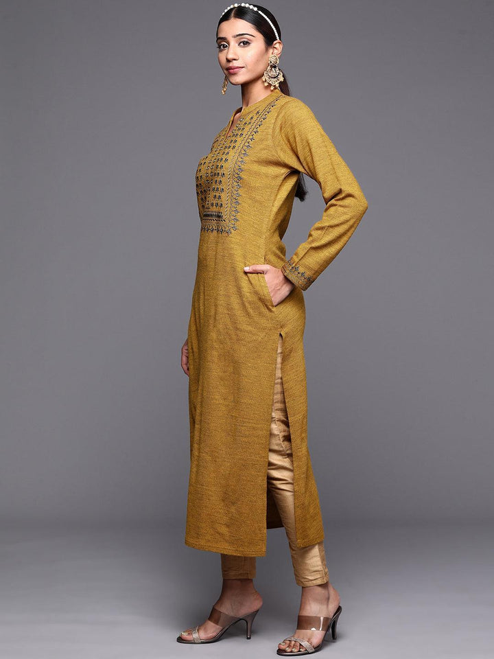 Mustard Yoke Design Wool Straight Kurta - ShopLibas