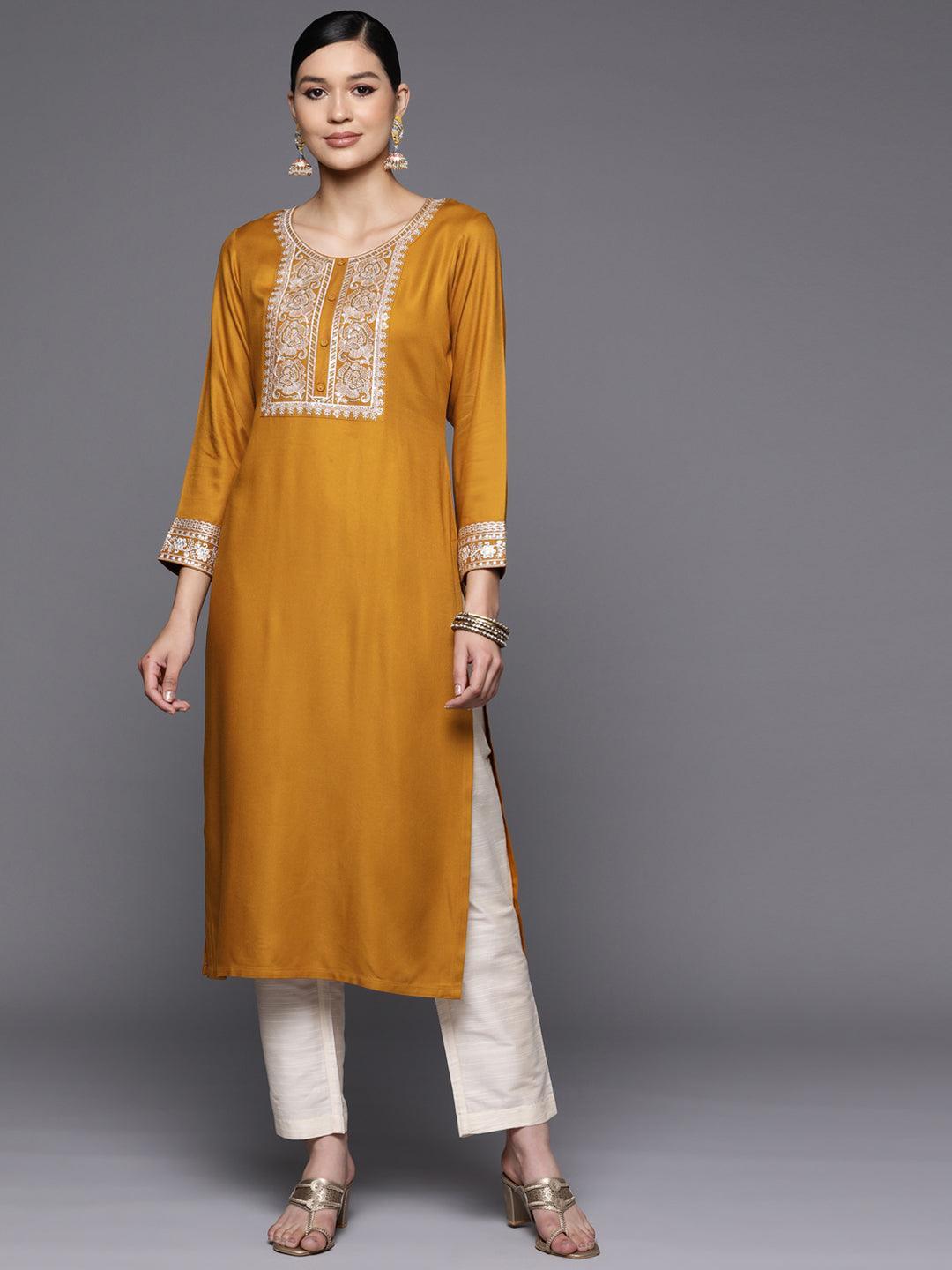 Mustard Yoke Design Wool Straight Kurta - Libas 