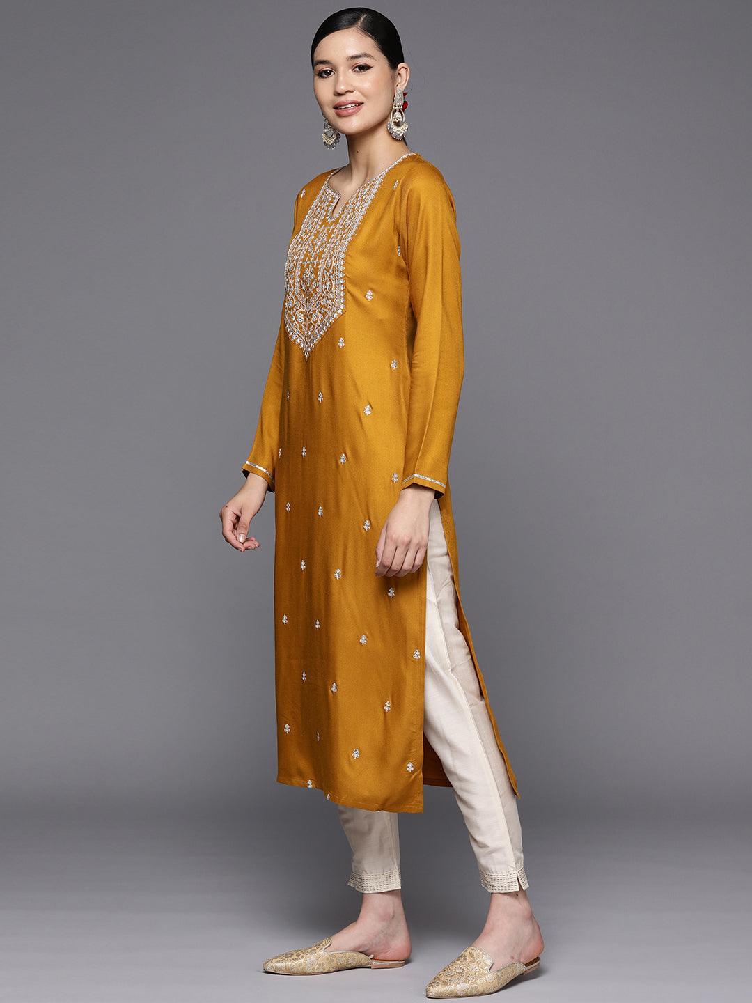 Mustard Yoke Design Wool Straight Kurta - Libas 