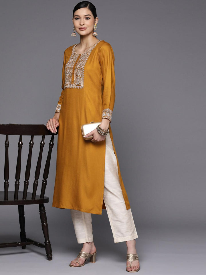 Mustard Yoke Design Wool Straight Kurta