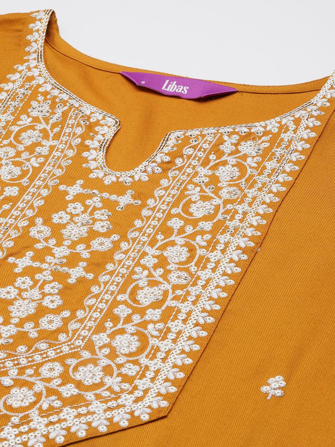 Mustard Yoke Design Wool Straight Kurta - Libas 
