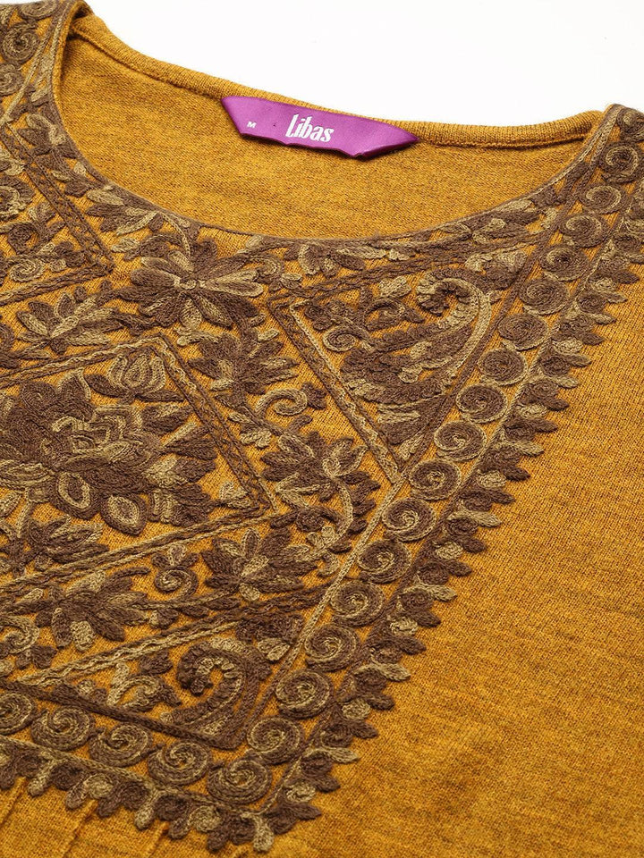 Mustard Yoke Design Wool Straight Kurta