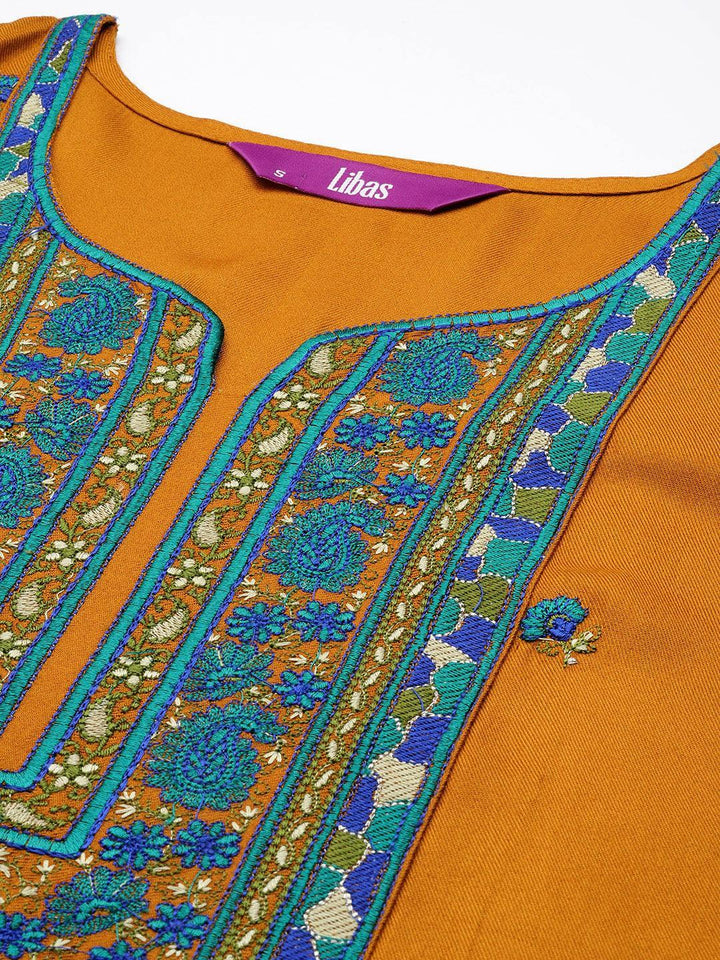 Mustard Yoke Design Wool Straight Kurta