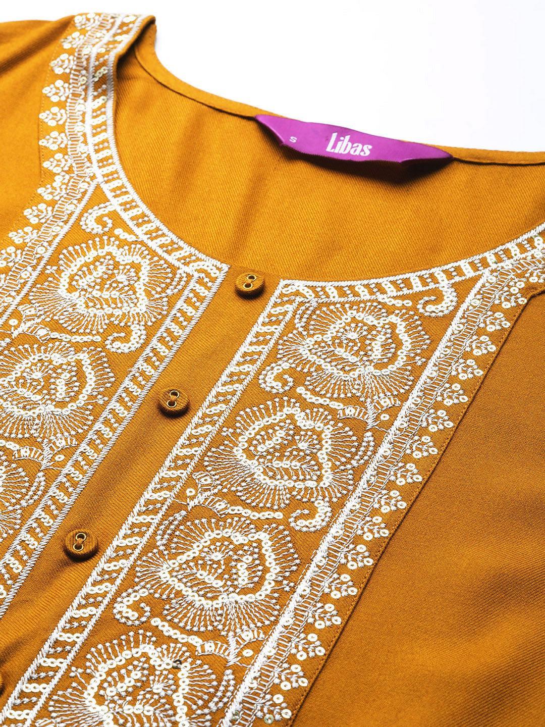 Mustard Yoke Design Wool Straight Kurta - Libas 