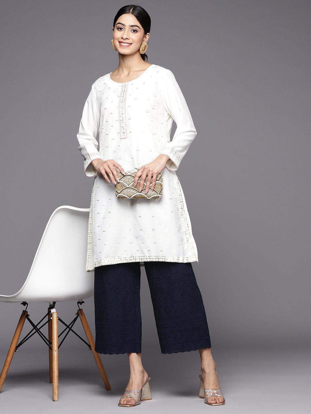 Navy Blue Embroidered Cotton Palazzos - ShopLibas 