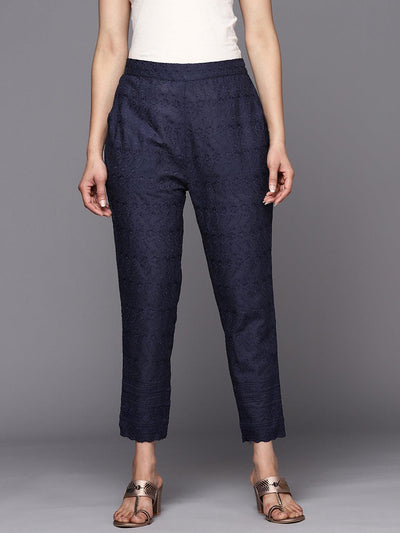 Navy Blue Embroidered Cotton Trousers - ShopLibas