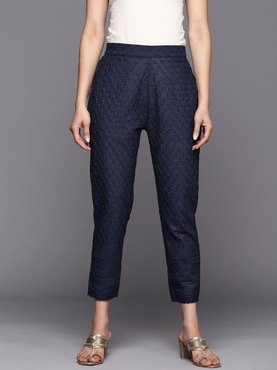 Navy Blue Embroidered Cotton Trousers - ShopLibas