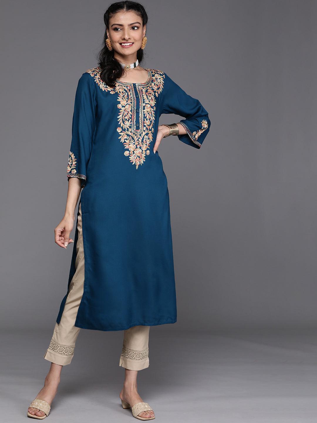 Navy Blue Embroidered Rayon Kurta - ShopLibas