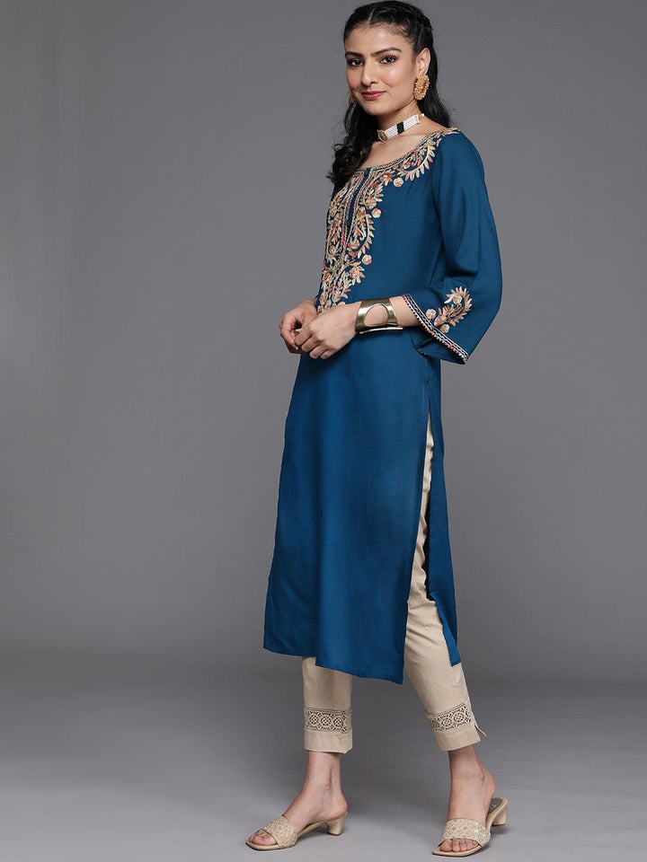Navy Blue Embroidered Rayon Kurta - ShopLibas