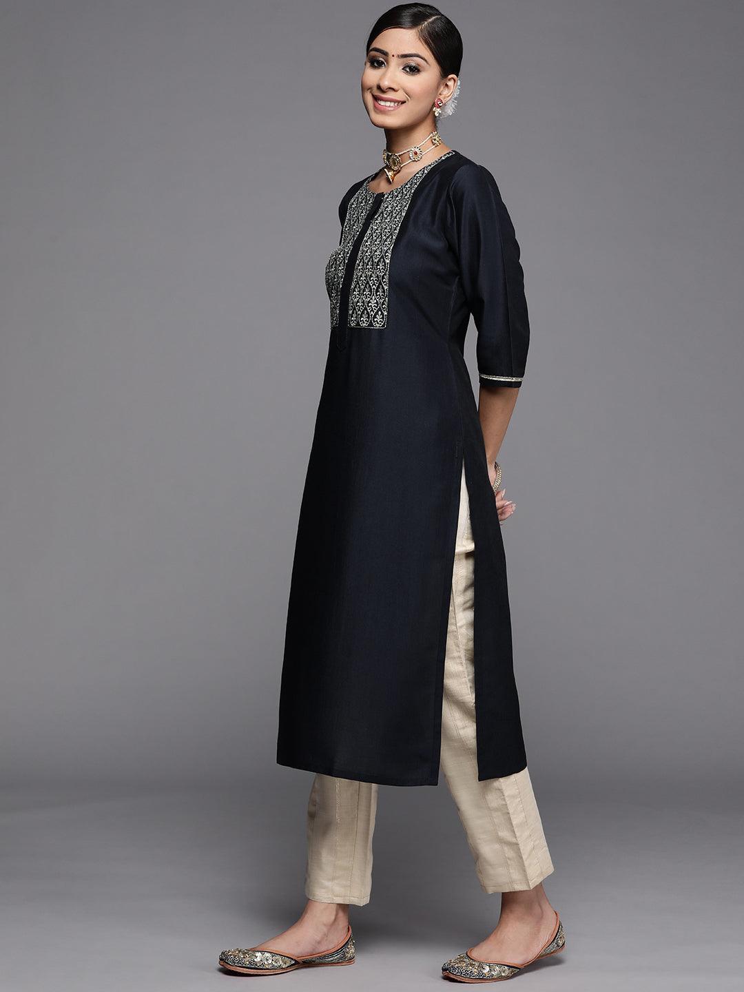 Navy Blue Embroidered Silk Kurta - ShopLibas