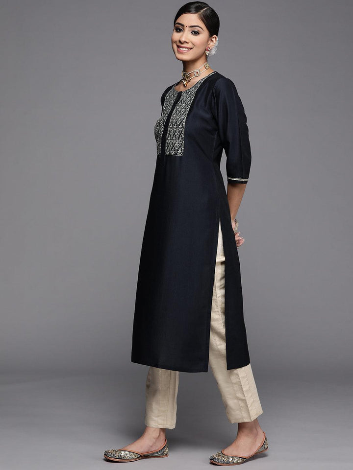 Navy Blue Embroidered Silk Kurta - ShopLibas