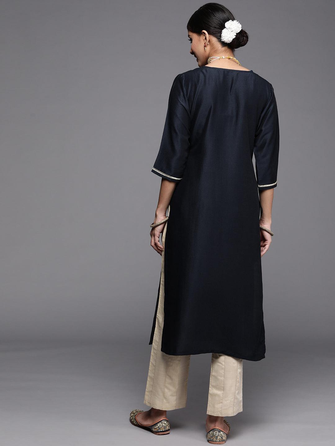 Navy Blue Embroidered Silk Kurta - ShopLibas