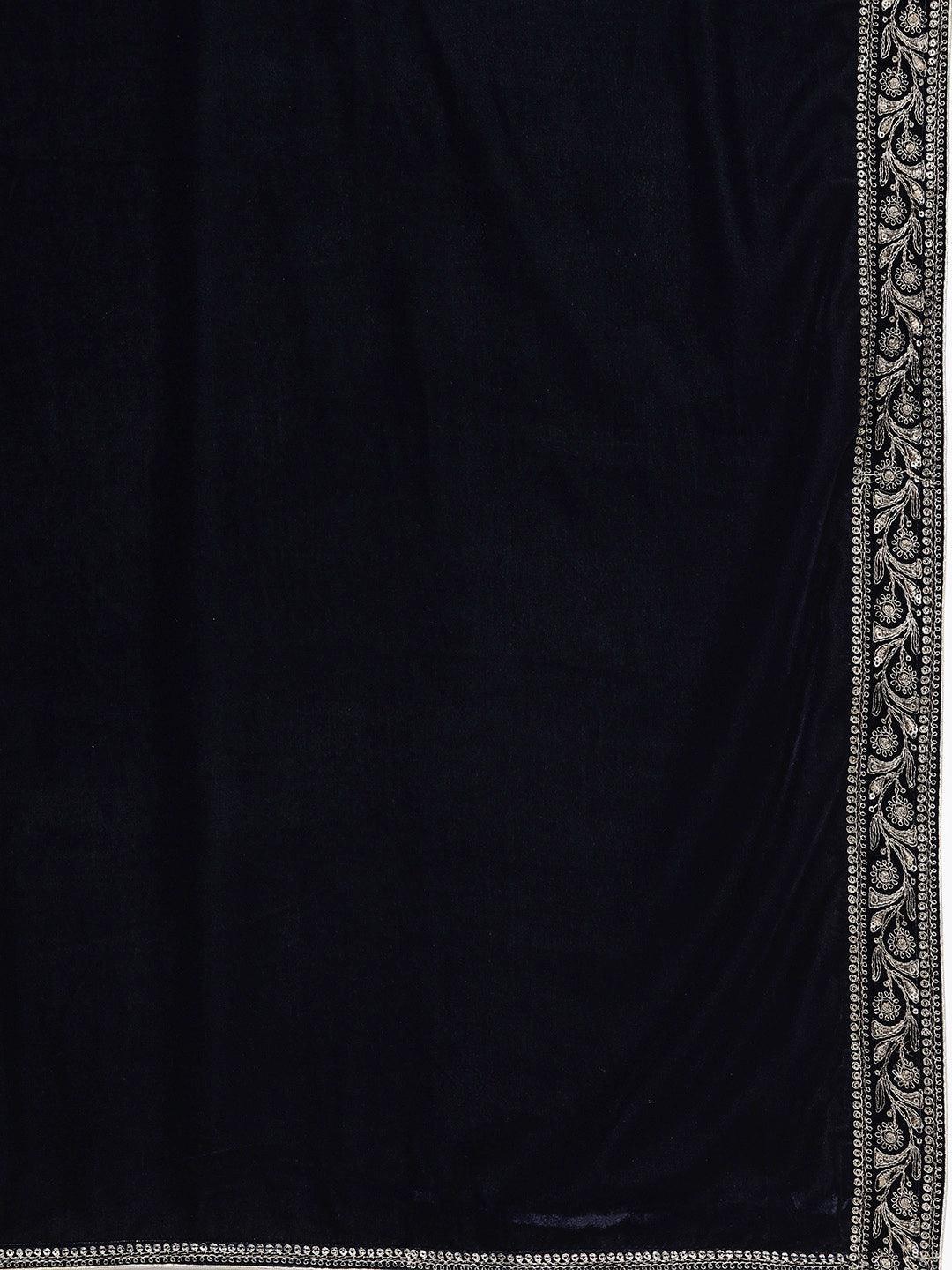 Navy Blue Embroidered Velvet Anarkali Suit Set - Libas 