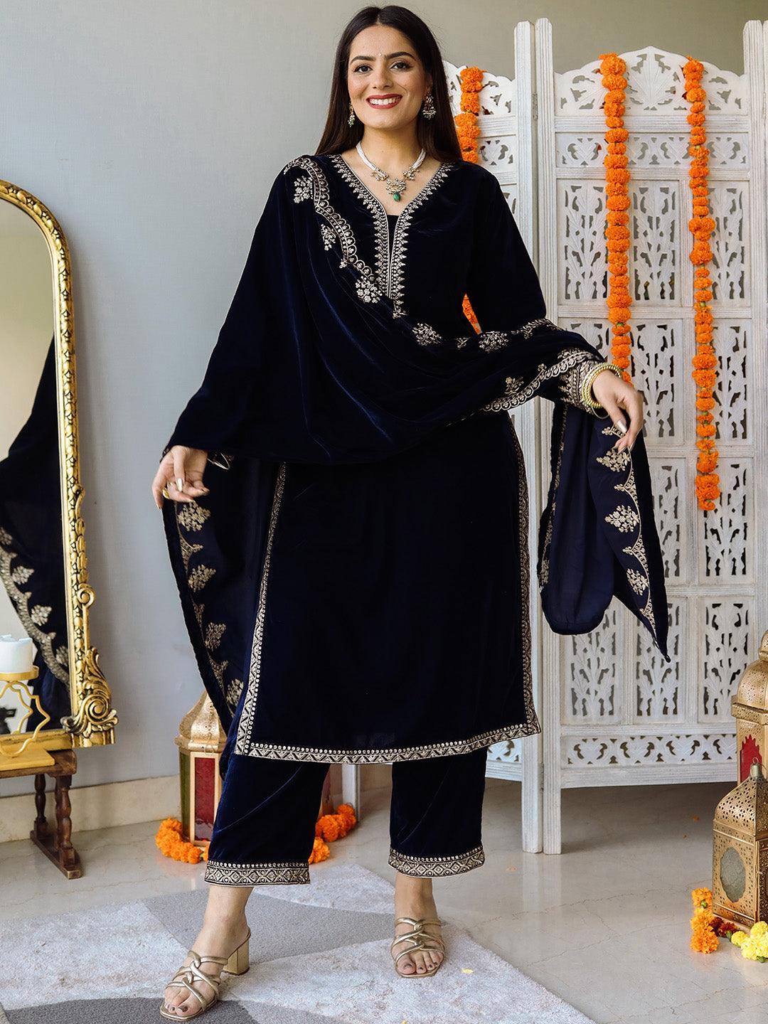 Navy Blue Embroidered Velvet Straight Suit Set - ShopLibas