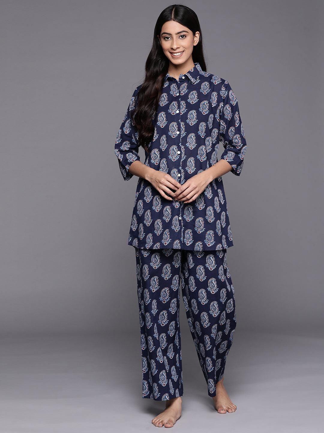 Navy Blue Printed Cotton Night Suit - ShopLibas