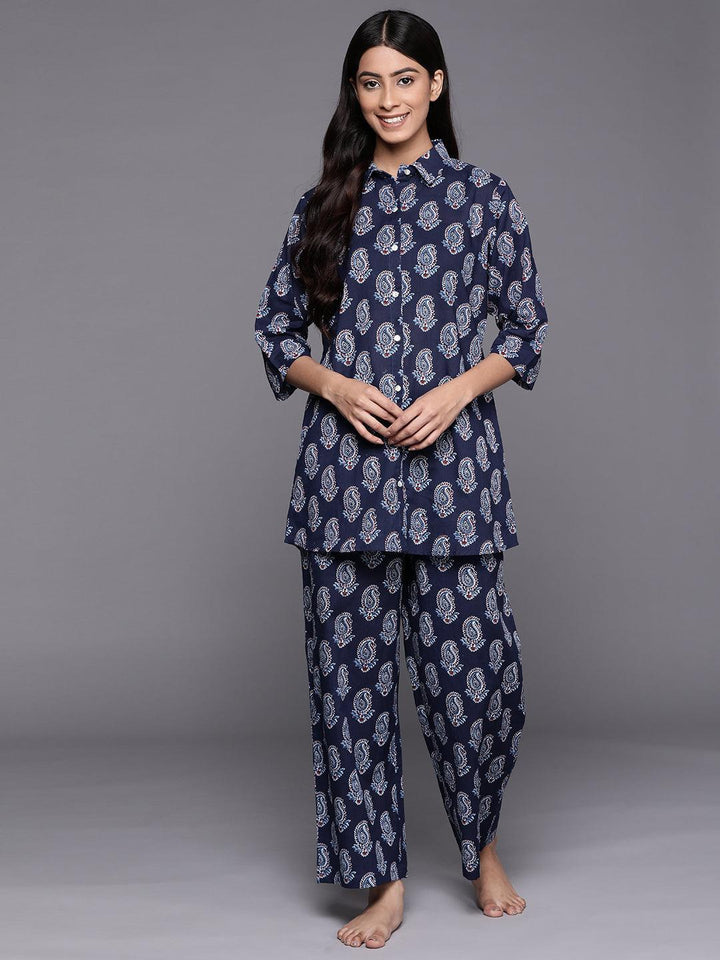 Navy Blue Printed Cotton Night Suit - ShopLibas
