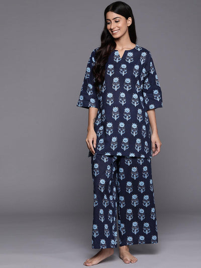 Navy Blue Printed Cotton Night Suit - ShopLibas