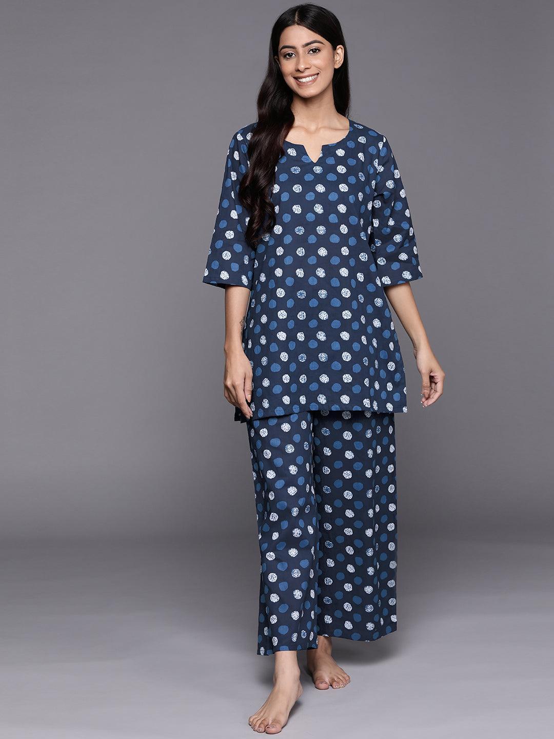 Navy Blue Printed Cotton Night Suit - ShopLibas