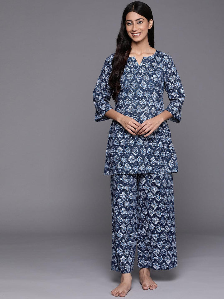 Navy Blue Printed Cotton Night Suit - ShopLibas