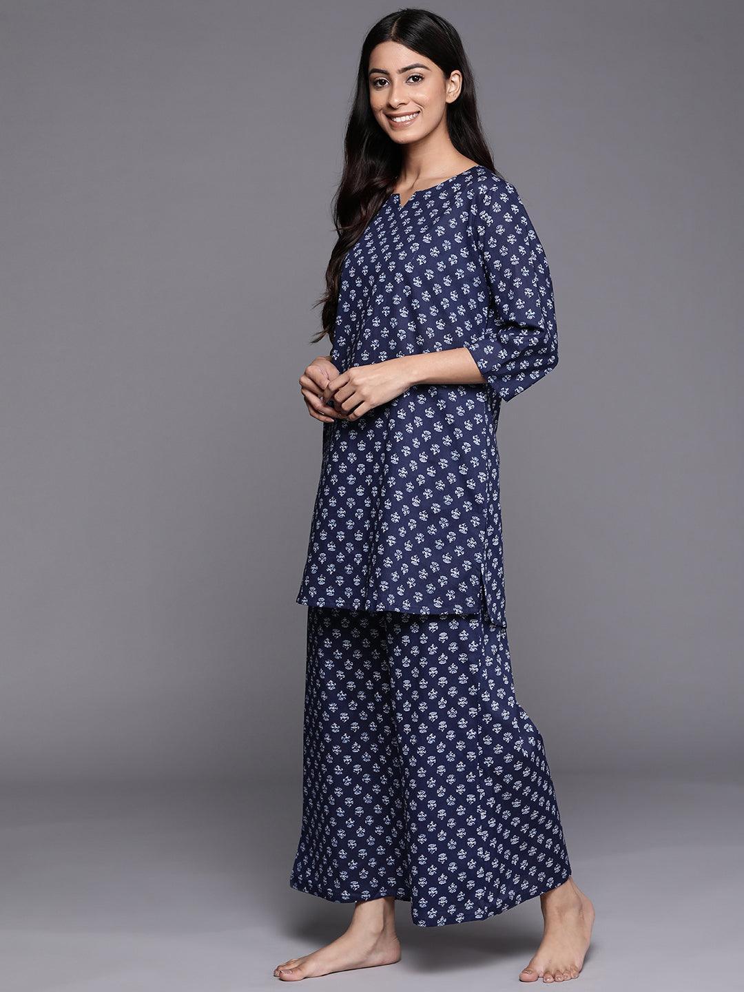 Navy Blue Printed Cotton Night Suit - ShopLibas 