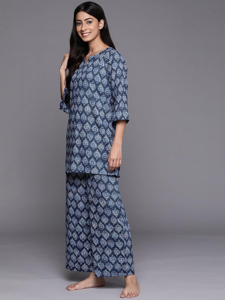 Navy Blue Printed Cotton Night Suit - ShopLibas