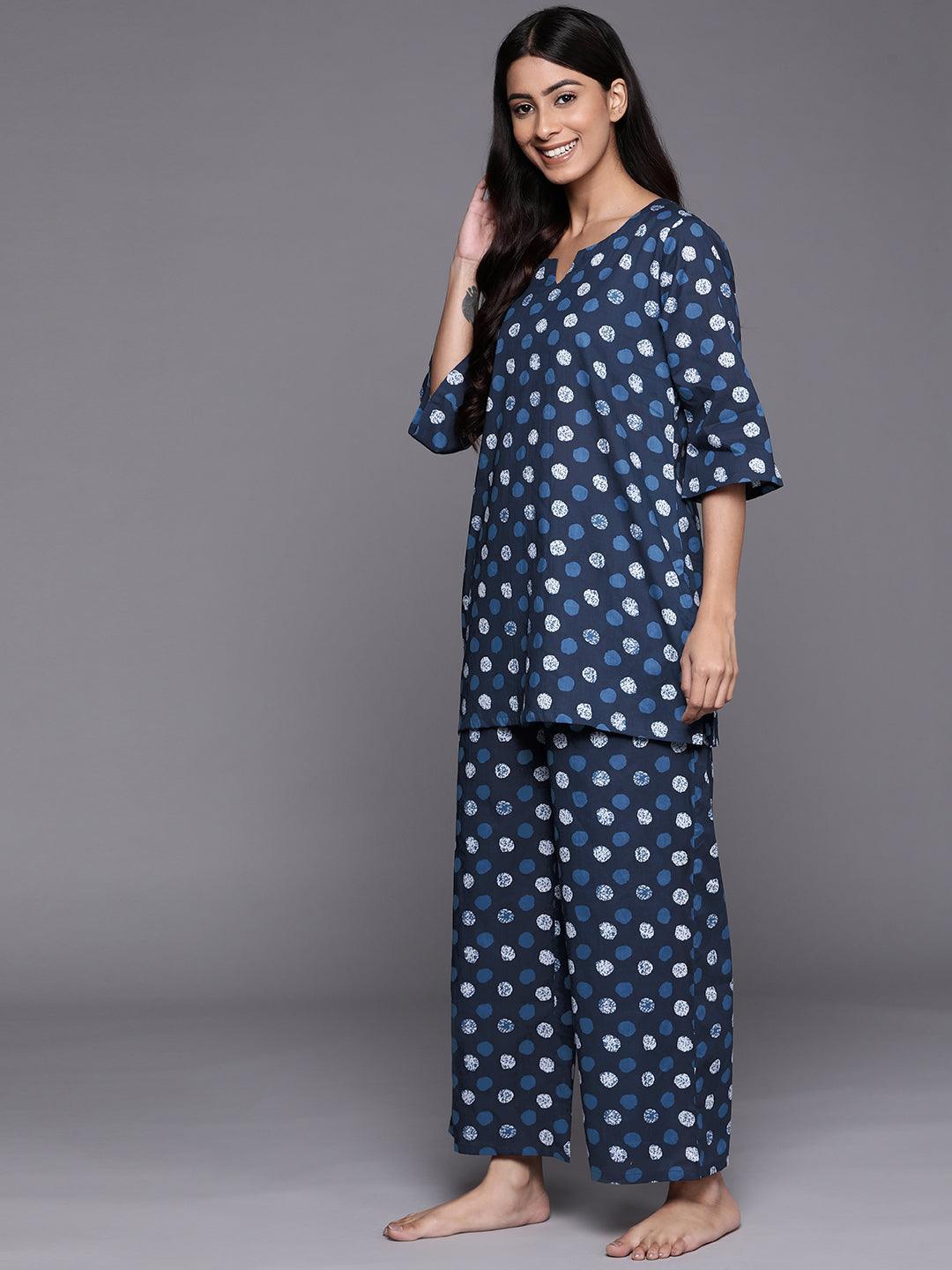 Navy Blue Printed Cotton Night Suit - ShopLibas 