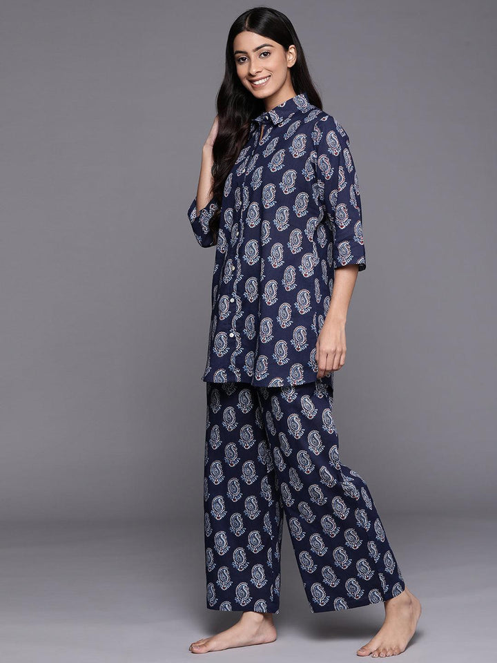Navy Blue Printed Cotton Night Suit - ShopLibas